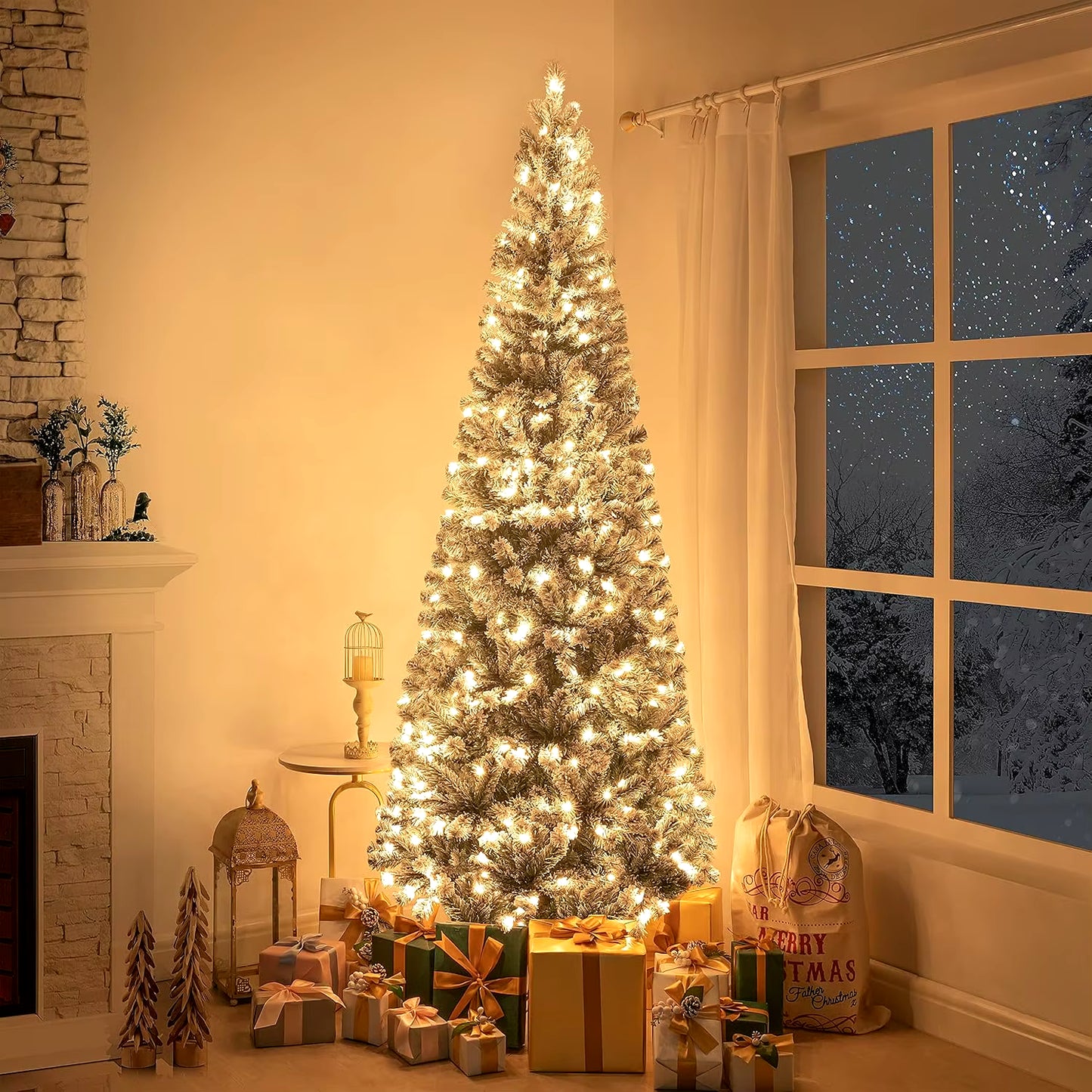 7.5Ft Frosted Prelit Slim Artificial Christmas Tree with 1102 Branch Tips, 350 Warm Lights and Metal Stand, 34" Wide