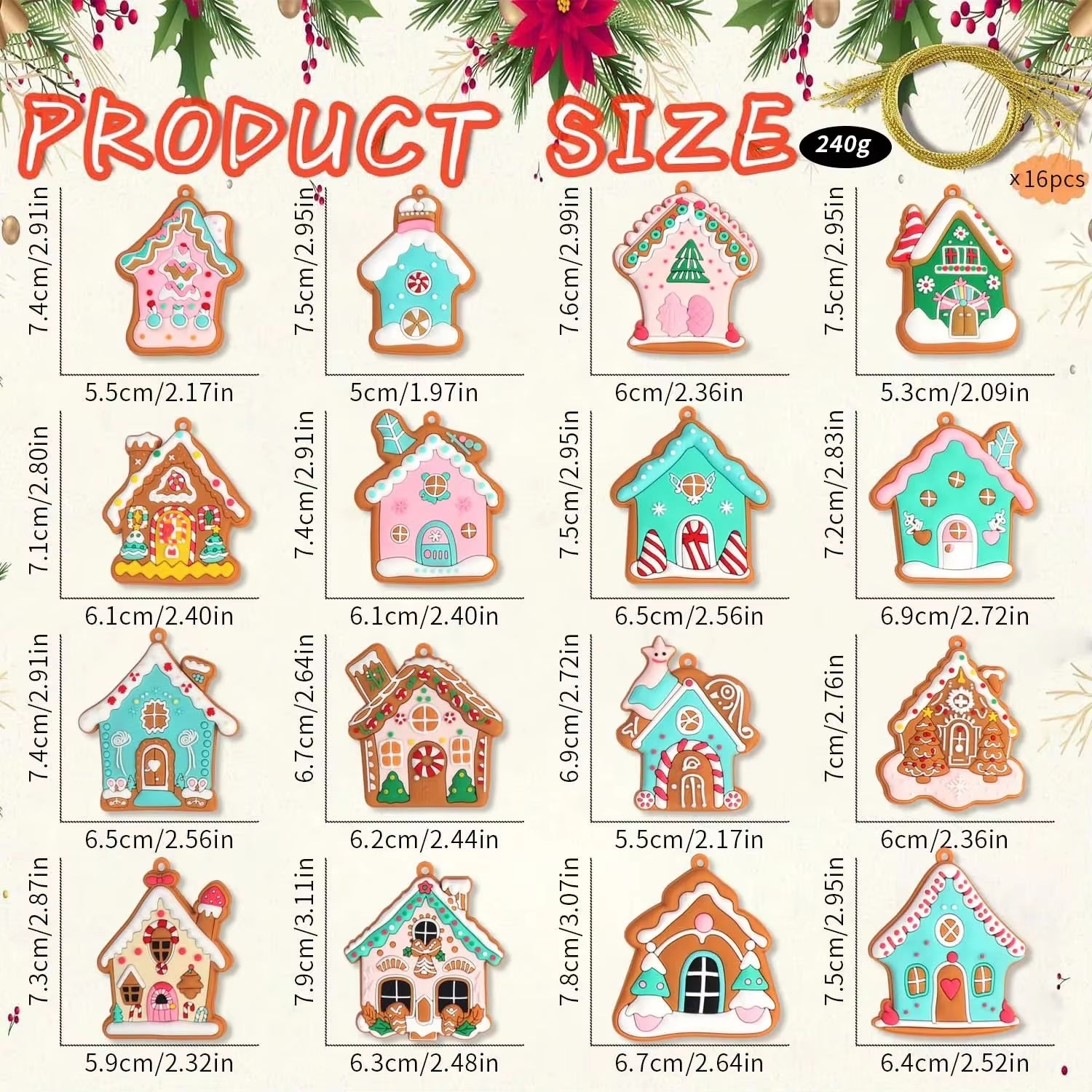 16PCS Cartoon Christmas Cottage Pendant Xmas Tree Hanging Ornaments Candy Color Gingerbread House Christmas Decorations Gifts