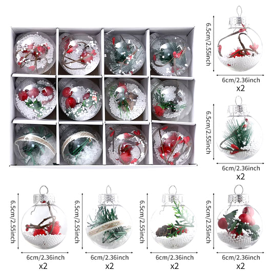 Mix 12Pcs Transparent Crystal Christmas Balls with Pine Cone Xmas Tree Hanging Ball Ornaments Christmas Decoration New Year Gift