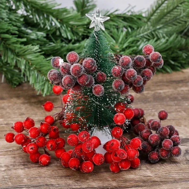 500/20Pcs Mini Artificial Frosted Berry Christmas Double Head Holly Berries Fake Flowers Bouquets DIY Wreath Xmas Party Decor