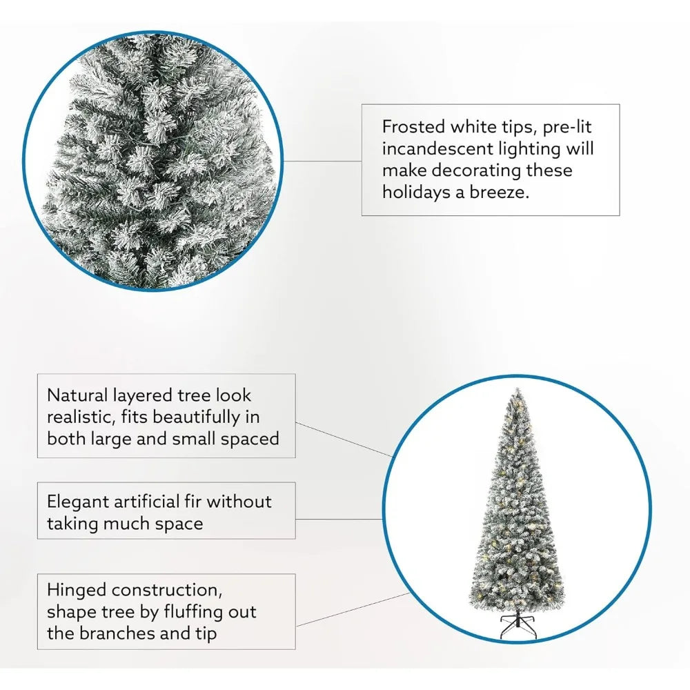 7.5Ft Frosted Prelit Slim Artificial Christmas Tree with 1102 Branch Tips, 350 Warm Lights and Metal Stand, 34" Wide