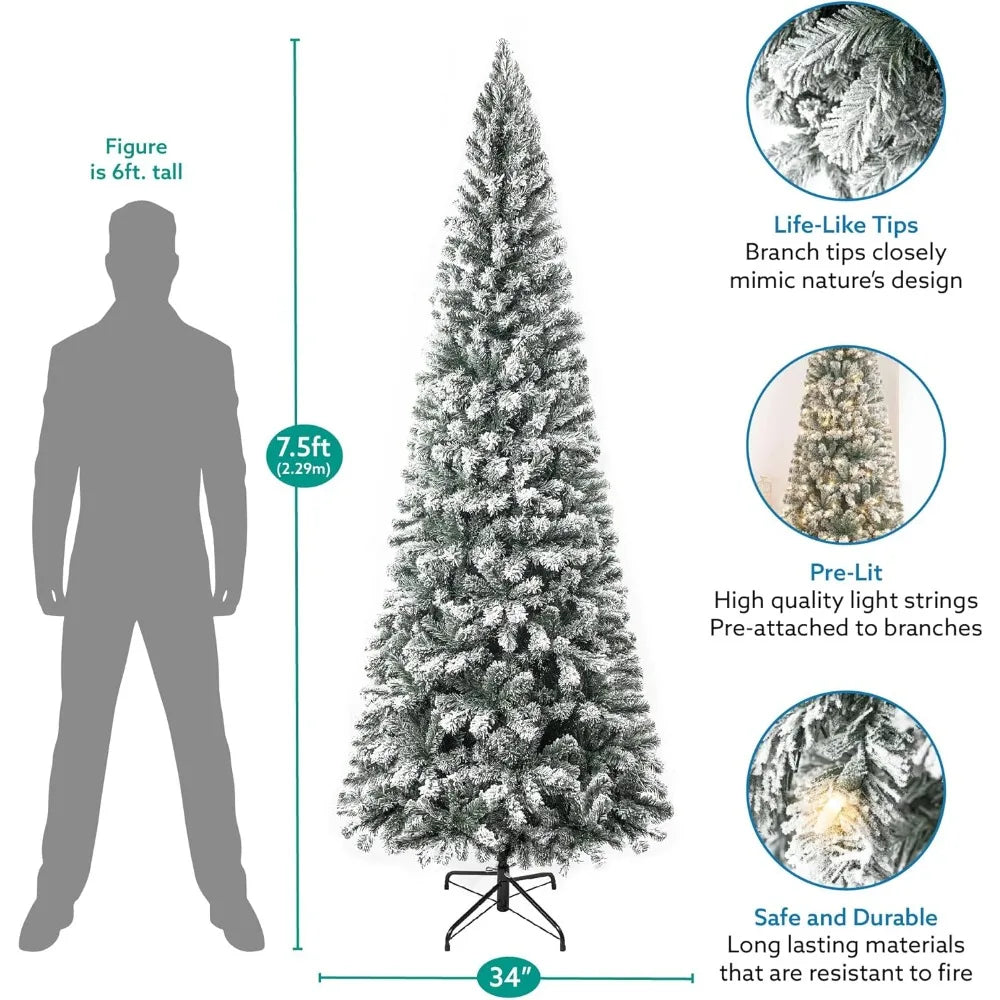 7.5Ft Frosted Prelit Slim Artificial Christmas Tree with 1102 Branch Tips, 350 Warm Lights and Metal Stand, 34" Wide