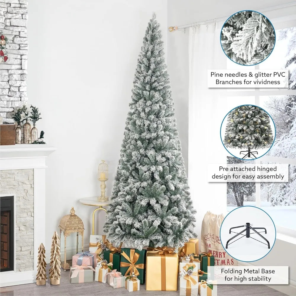 7.5Ft Frosted Prelit Slim Artificial Christmas Tree with 1102 Branch Tips, 350 Warm Lights and Metal Stand, 34" Wide