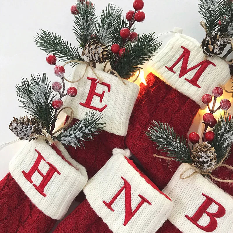 Letters Christmas Stocking New Knitting Christmas Tree Pendant Decorations for Home Xmas Gift Snowflake Alphabet Christmas Socks