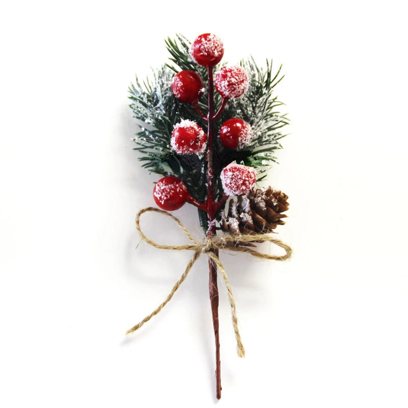 1Pcs Artificial Flower Fake Snow Frost Pine Branch Cone Berry Holly Diy Xmas Tree Ornament Home Christmas Decor Supplies Gift