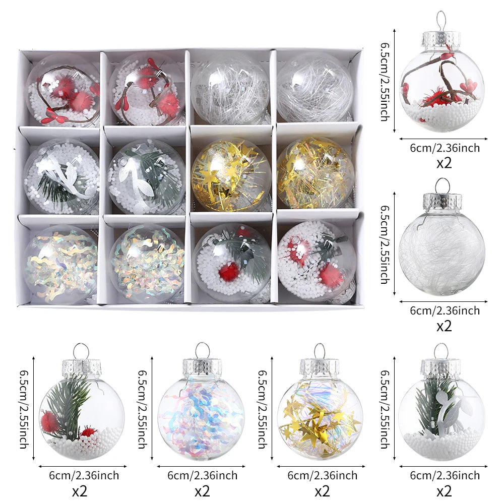 Mix 12Pcs Transparent Crystal Christmas Balls with Pine Cone Xmas Tree Hanging Ball Ornaments Christmas Decoration New Year Gift