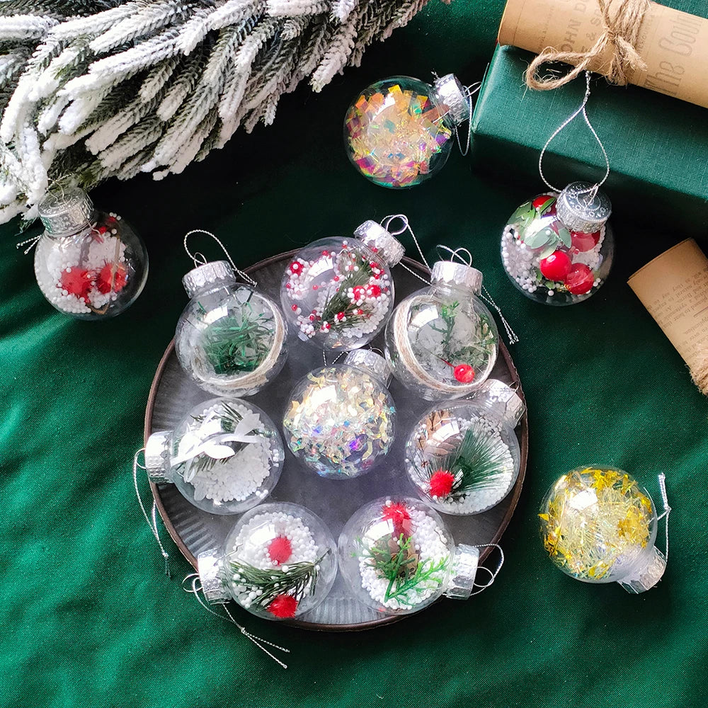 Mix 12Pcs Transparent Crystal Christmas Balls with Pine Cone Xmas Tree Hanging Ball Ornaments Christmas Decoration New Year Gift