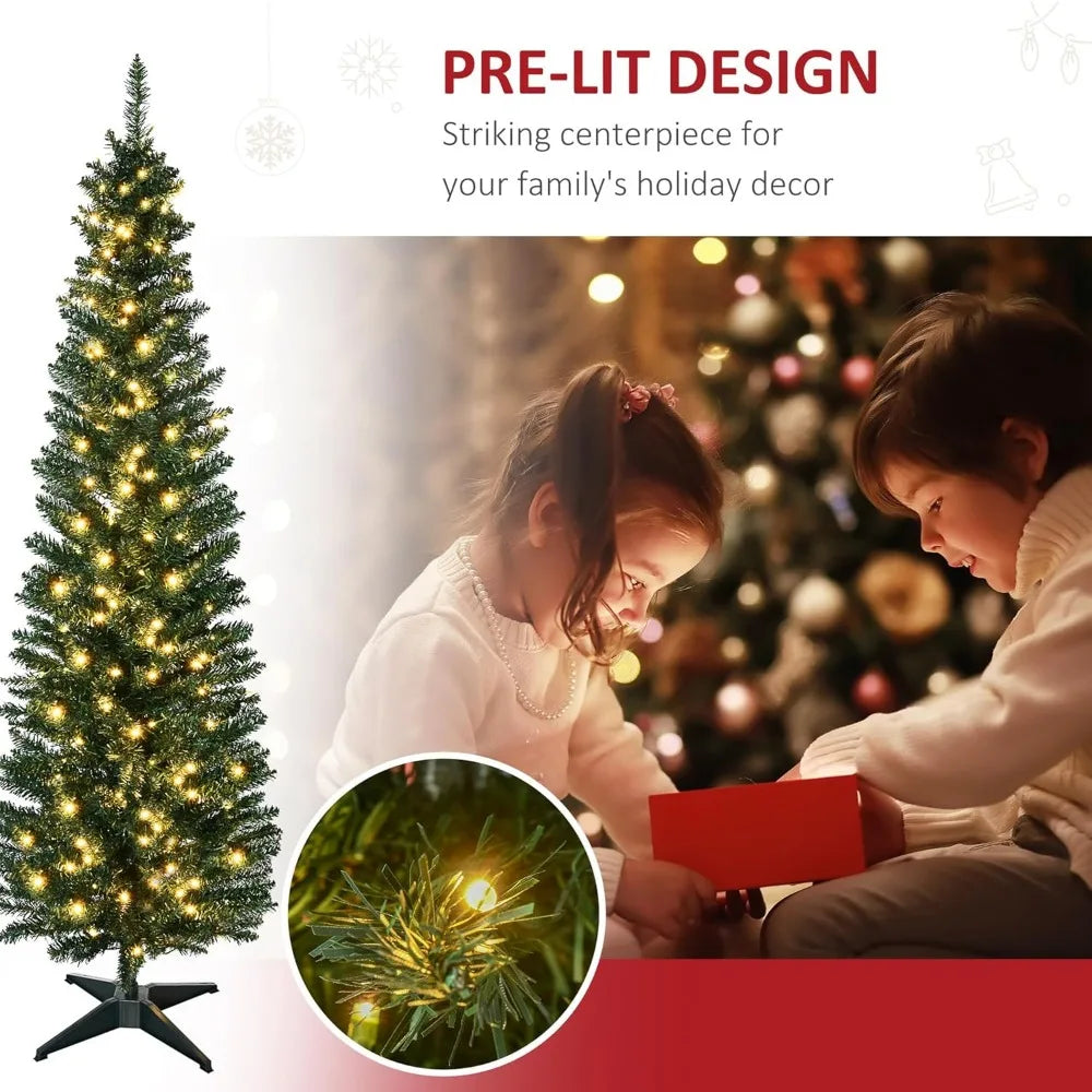 6' Tall Pre-Lit Slim Noble Fir Artificial Christmas Tree with Realistic Branches, 200 Warm White LED Lights and 390 Tips, Green