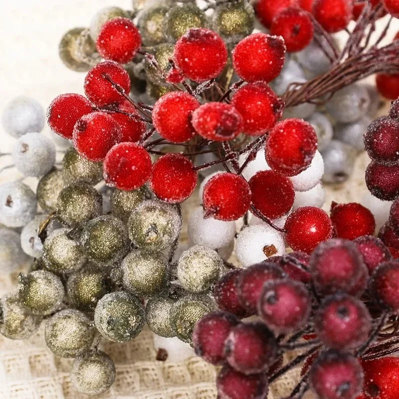 500/20Pcs Mini Artificial Frosted Berry Christmas Double Head Holly Berries Fake Flowers Bouquets DIY Wreath Xmas Party Decor