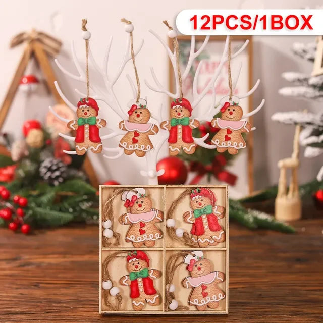 12Pcs Gingerbread Man Wooden Ornaments Xmas Tree Hanging Pendant Merry Christmas Decor for Home Party Navidad Gift New Year 2024