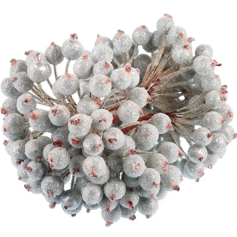 500/20Pcs Mini Artificial Frosted Berry Christmas Double Head Holly Berries Fake Flowers Bouquets DIY Wreath Xmas Party Decor