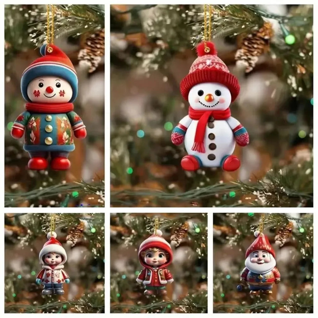 Christmas Flat Acrylic Cartoon Car Haning Pendants Xmas Santa Claus Snowman Ornaments Merry Christmas Decor Noel Tree Hangings