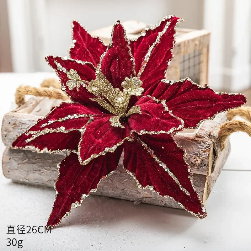 26CM Christmas Flower Red Gold Glitter Fleece Simulation Fake Flower Xmas Tree Pendants Merry Christmas Flower Hanging Ornaments