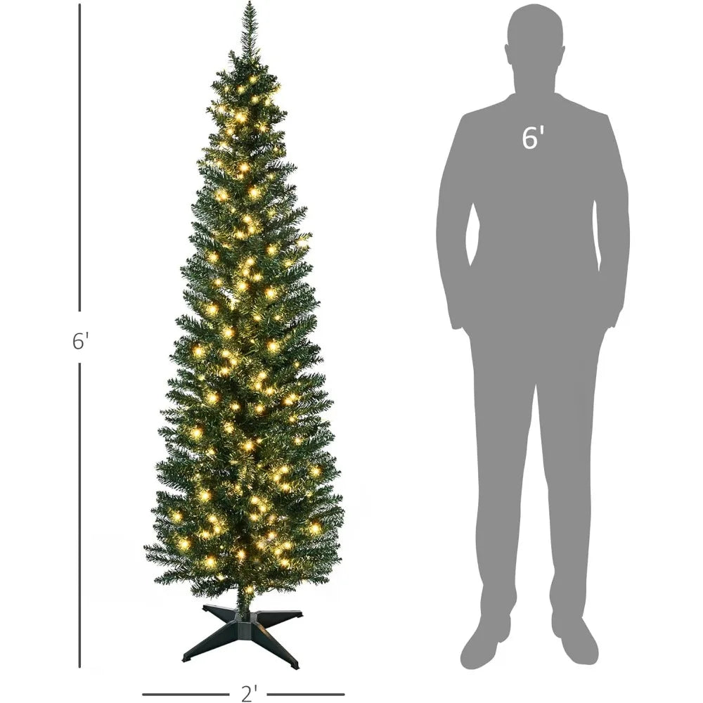 6' Tall Pre-Lit Slim Noble Fir Artificial Christmas Tree with Realistic Branches, 200 Warm White LED Lights and 390 Tips, Green