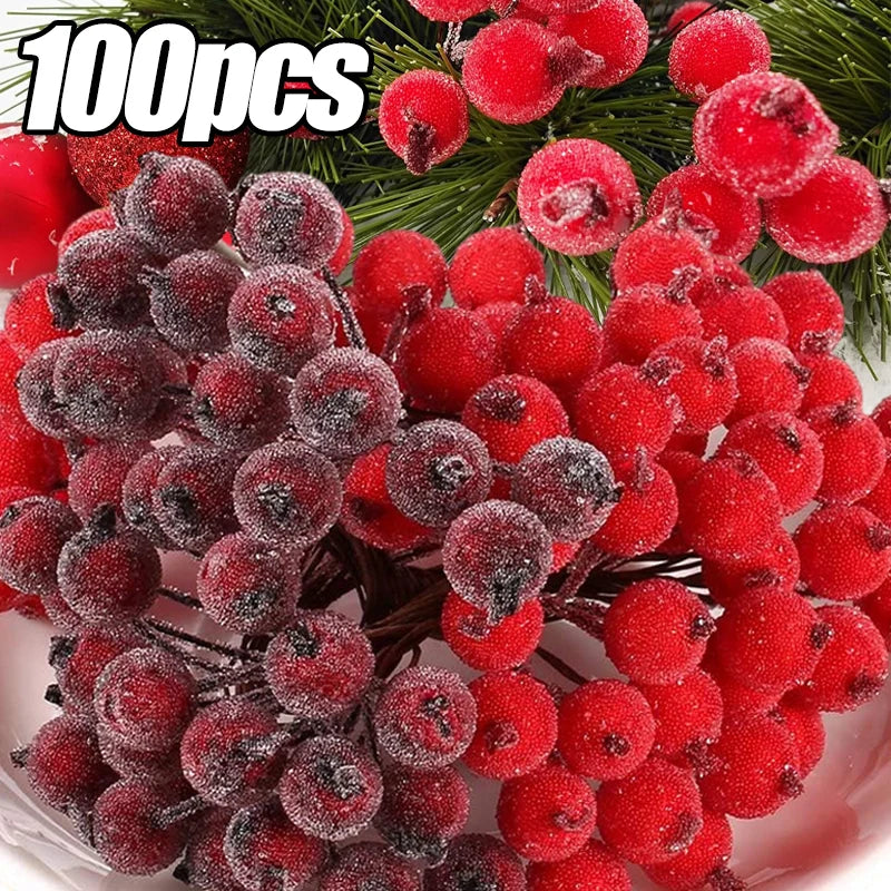 100/20Pcs Artificial Holly Berries Mini Simulation Cherry Stamen Frosted Double Head Fake Berry Wedding Christmas Party Decor