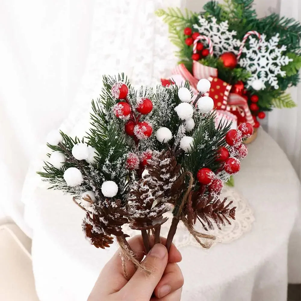 1Pcs Artificial Flower Fake Snow Frost Pine Branch Cone Berry Holly Diy Xmas Tree Ornament Home Christmas Decor Supplies Gift