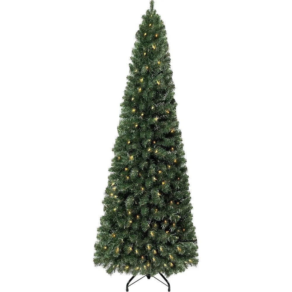 Artificial Christmas Tree with 1102 Branch Tips, 350 Warm Lights and Metal Stand 34" Wide Realistic Skinny Pencil Christmas Tree