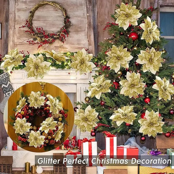 20Pcs Glitter Christmas Flower 2024 Xmas Tree Artifical Flower Ornaments Merry Christmas Home Christmas Tree DIY Decoration