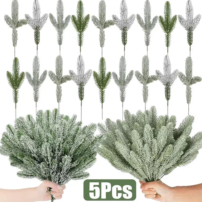 5/10Pcs Christmas Pine Needle Branches Xmas Tree Artificial Fake Plant Snowy Twigs Frosted Pines Garland Wreath Party Decor Gift