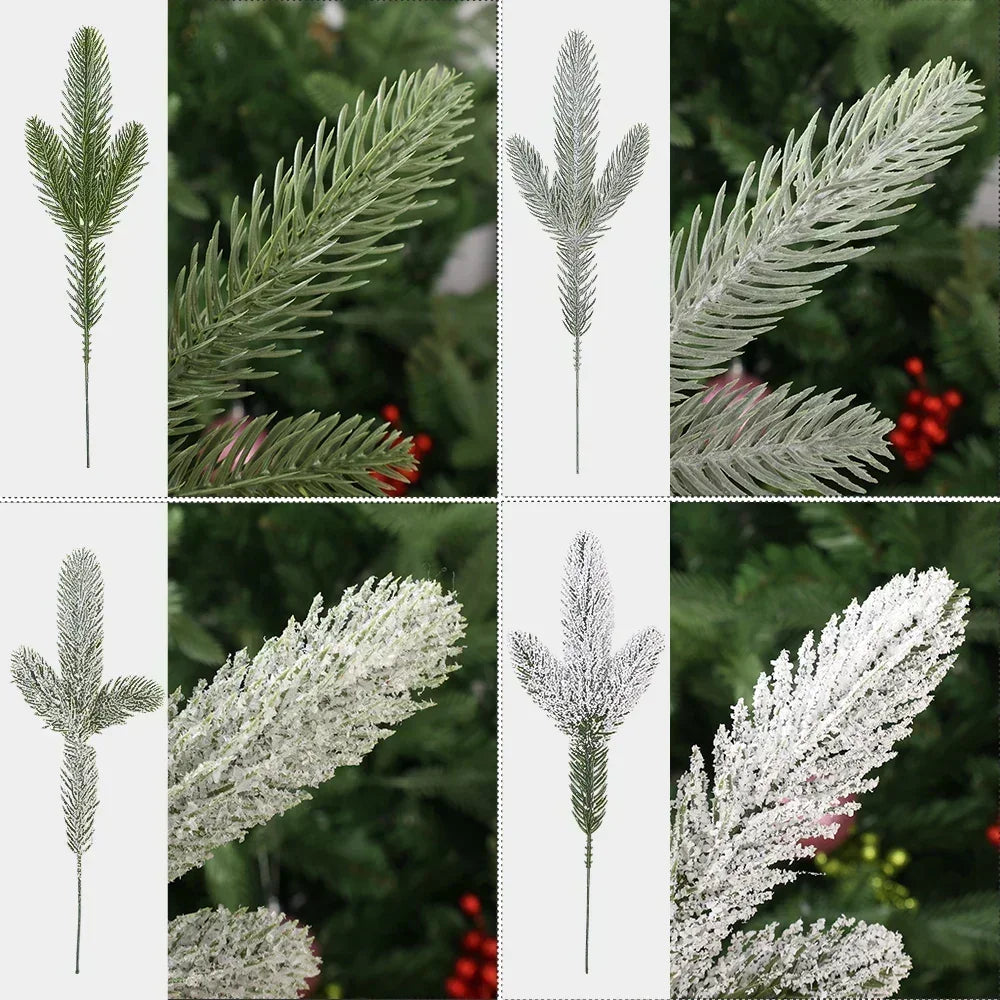 5/10Pcs Christmas Pine Needle Branches Xmas Tree Artificial Fake Plant Snowy Twigs Frosted Pines Garland Wreath Party Decor Gift