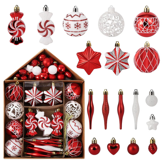 Shatterproof Christmas Ball Ornaments Set, Red & White Xmas Balls for Tree Decor, Xmas Ball Assorted Set of 73 Pcs Xmas Decor